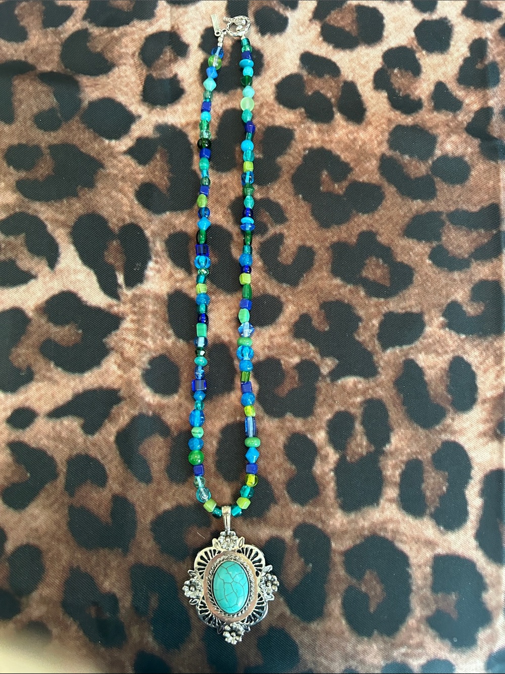 Handmade Beaded Blue & Turquoise Pendant Necklace